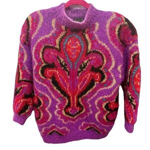 Vintage 80s Oversized Mohair Sweater Sz S Purple Gold Fuzzy Retro Glam Paisley